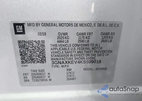 2019 Chevrolet Equinox Lt из США, поврежденный, VIN 3GNAXKEV4KS599018